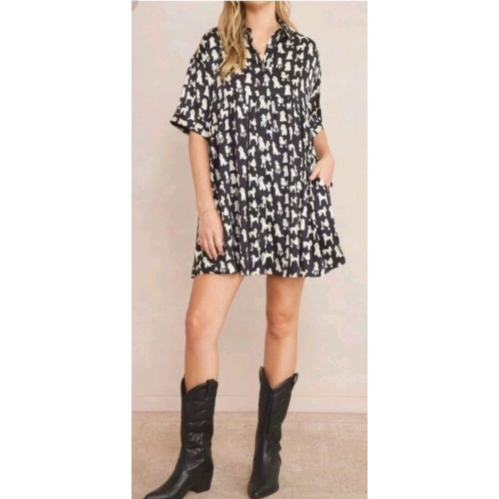Entro Poodle Print Babydoll Mini Dress Black White Oversized Womens XL NWT Cute